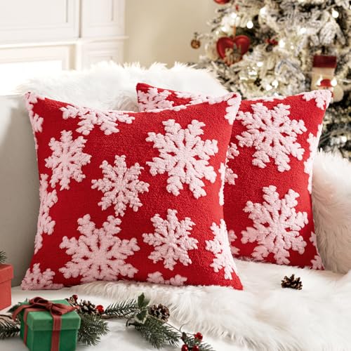 EMEMA Set of 2 Christmas Decorative Throw Pillow Covers Soft Faux Wool Fuzzy Short Fleece Cute Couch Cushion Case with White Snowflake Pillowcase for Home Decor Sofa Bed Living Room 18×18 Inch, Red