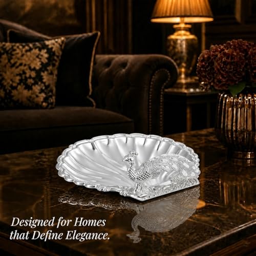 Image of Diviniti German Silver Peacock Decorative Bowl for Home Decor | Luxury Silver Plated Dry Fruit & Sweet Serving Platter | Elegant Peacock Tray with Gift Box for Festive Dining & Gifting