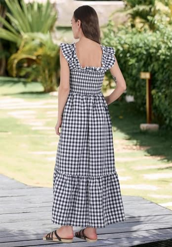 Image of chouyatou Women's Retro Plaid Smocked Dress Spaghetti Strap Flounce Long Dress