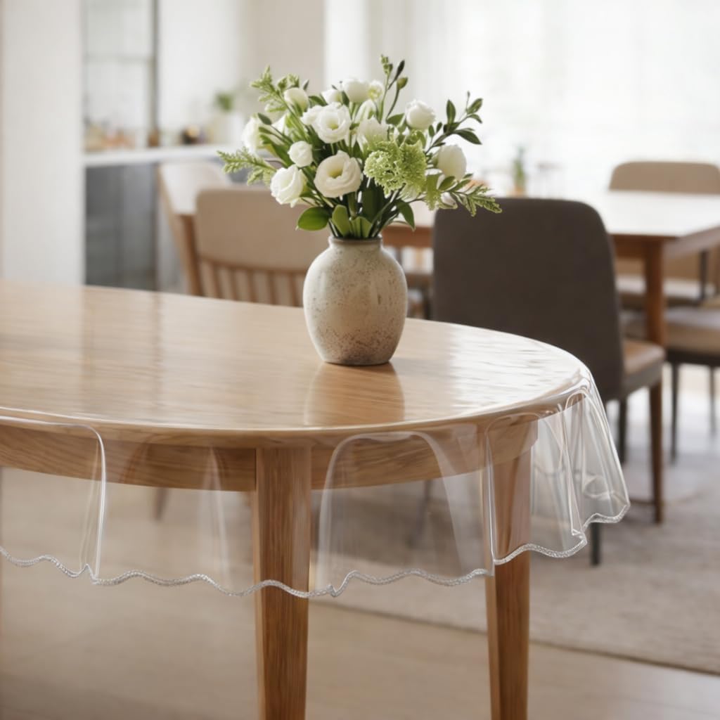 MeritMode Clear Oval Vinyl Tablecloth, Clear Table Cloth Transparent Cover Waterproof Oval Table Cover Protector Elastic Lace Edge Design - 54 * 72 Inch