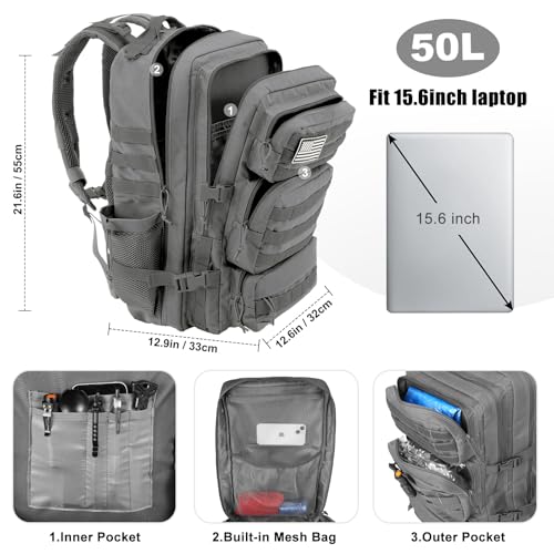 Image of Military Tactical Backpack 50L Large Day Backpack for Men Molle Army 3 Days Assault Pack Bug Out Bag Water Resistant and Heavy Duty Hiking Treeking Rucksack - Grey