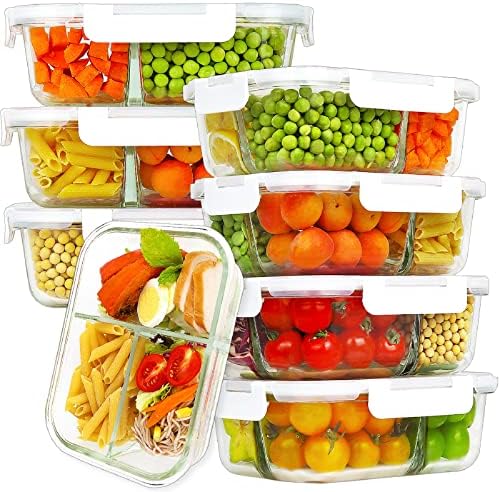 BAYCO 8 Pack Glass Meal Prep Containers 3 Compartment, Glass Food Storage Containers with Lids, Airtight Glass Lunch Bento Boxes, BPA-Free & Leak Proof (8 lids & 8 Containers) - White