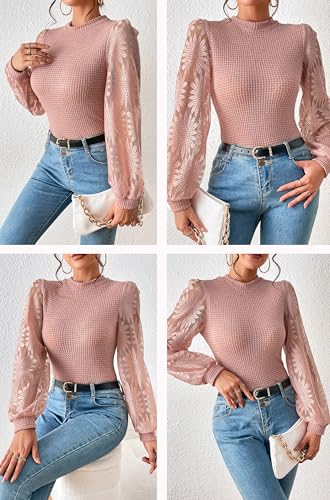 BLENCOT Womens Casual Crochet Top Mesh Lace Long Sleeve Shirts Waffle Knit Blouse Crewneck Shirt Fall Womens Tops Pullover2