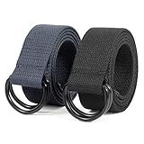 2 Pack Men Black Canvas Belt, JASGOOD Webbing Cloth D Ring Buckle Belt Extra Long with Metal Tip for Pants (Black/Gray,Fit Waist Size below 39 inch)