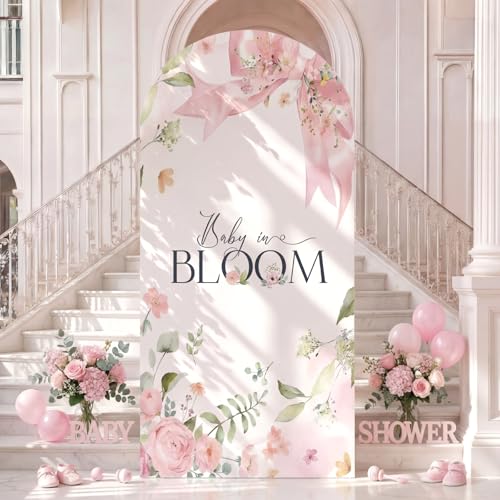 Tegeme 7.2ft Baby in Bloom Arch Backdrop Cover Baby Shower Girl Decoration Coquette Large Pink Floral Bow Backdrop Party Favor for Gender Reveal Welcome Girl Party Supply Photo Background Decoration