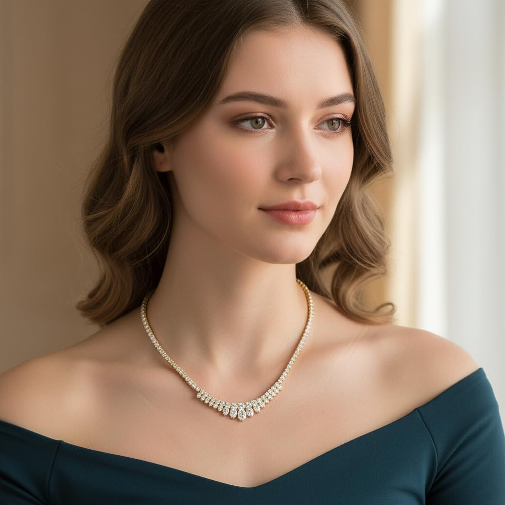 Gemsme Tennis Necklaces for Women, 4 Prong White/Yellow Gold Plated Cubic Zirconia Necklaces for Women