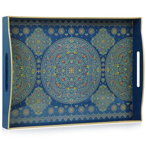 YXZHUOYU Boho Acrylic Rectangular Serving Tray with Handles, 30x40, Blue, Solid, Art Theme, 10 Pound Capacity