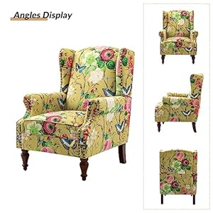 Hulala home wingback accent chair with floral pattern design traditional fabric armchair with nailhead trim and retro wooden legs mustard  urban country home decor