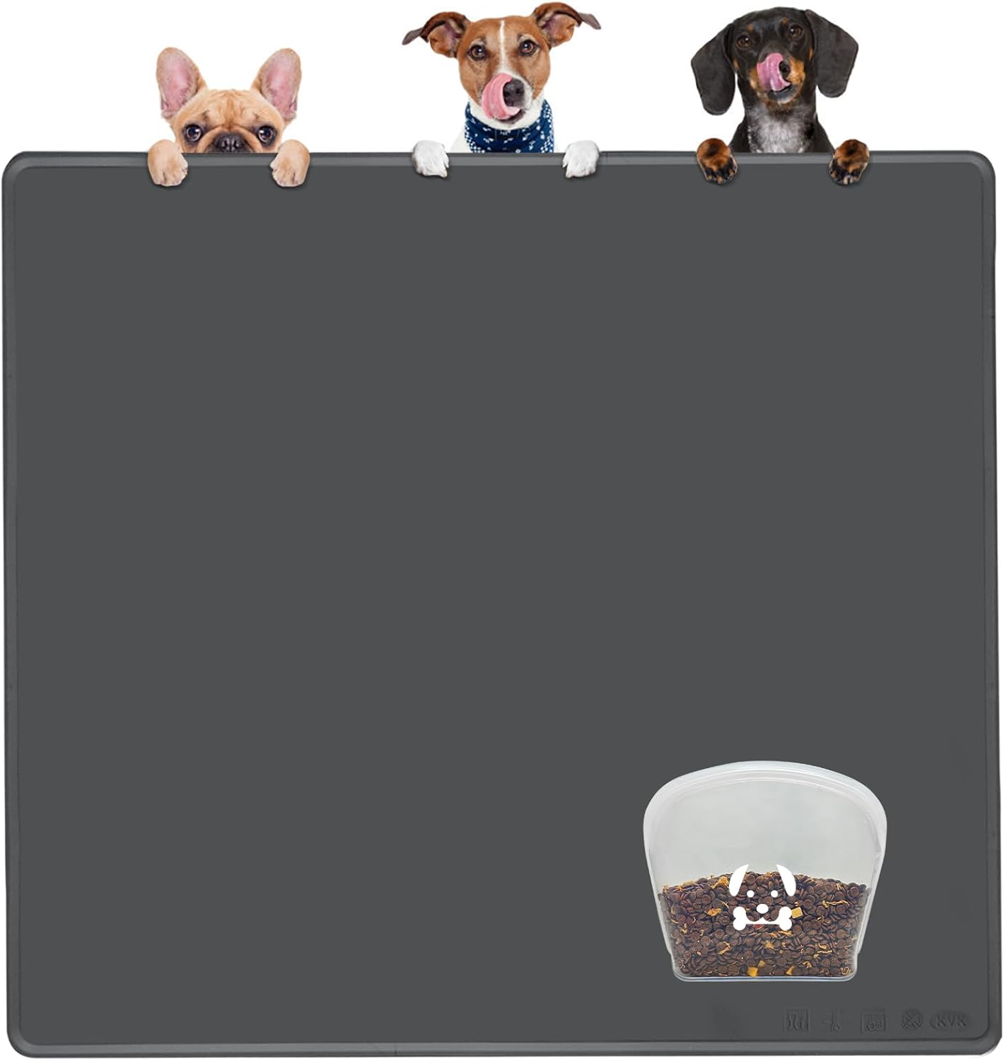KVK Extra Extra Large Silicone Dog Food Mat 39.4×43.3in and 128oz Silicone Bag Set, Super Size Waterproof Pet Feeding Mat & Container, Non-Slip, Chew-Resistant Floor Protection (Dark Grey&Clear) 39.4×43.3in Dark Grey Mat & Clear Bag