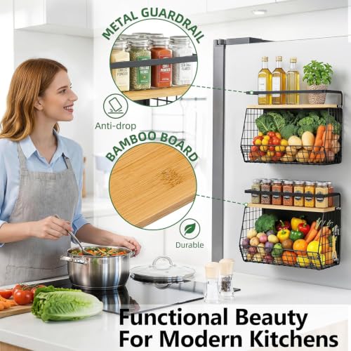 Image of Fridge Side Storage Rack Refrigerator Accessories Magnetic Shelf for Fridge with Wood Lid-1Pcs Refrigerator Side Hanger Fruit Potato Onion Storage Bins Pantry Organizer for Refrigerators
