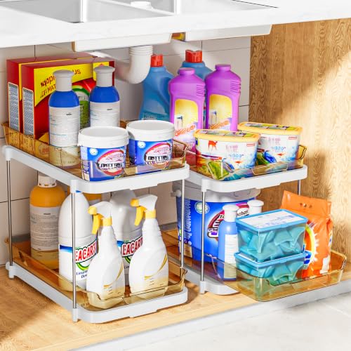 Image of Delamu 2-Tier Multi-Purpose Bathroom Under Sink Organizers and Storage, Stackable Kitchen Pantry Organization, Pull Out Medicine Cabinet Organizer with Movable Dividers, Golden, 2 Pack