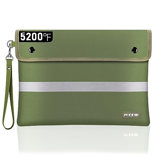 Fireproof Document Bag with Lock, 4200°F Heat Insulated Waterproof Bag, (14x10'')8 Layers of Functional Materials, Reflective Strip for Fast Find, Protect Your Currency, Passport,Valuables(Green)