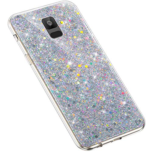 Uposao Compatible with Samsung Galaxy A6 2018 Case Girly Bling Glitter Sparkle Shiny Glossy Diamond Paillette Soft TPU Rubber Silicone Flexible TPU Crystal Clear Cute Girl Women Case,Silver