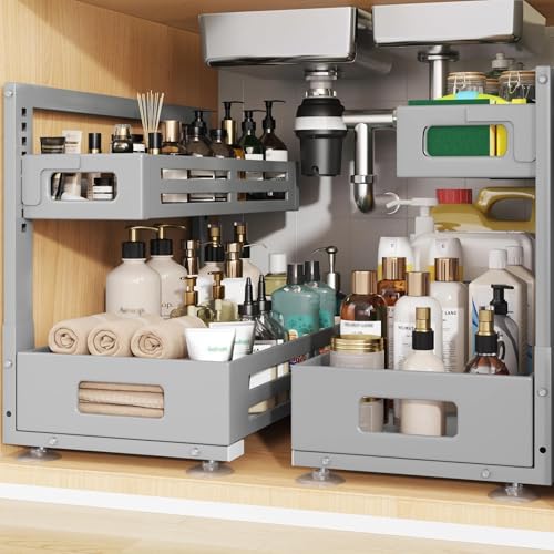 Image of 2 Pack 19IN-Depth Under Sink Organizer,Pull Out Cabinet Organizer With Smooth Cylindrical Rail,Metal Slide Out Drawer for Kitchen Bathroom Laundry,8-Level Tool Free Height Adjustable-Gun Gray