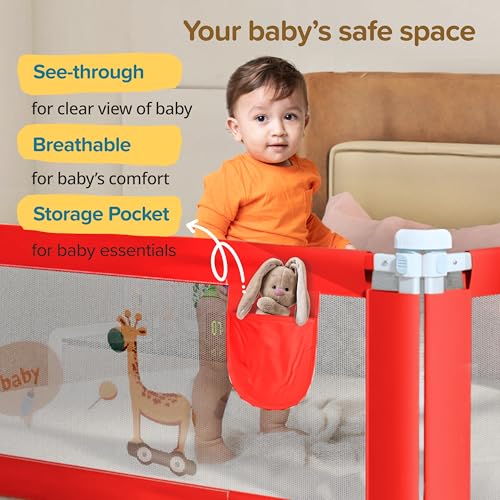 Image of LuvLap Alloy Steel Bed Rail Guard for Baby /Kids Safety, 180cm x 72 cm(6ft x 2.3ft), Portable & Foldable, Baby Safety Essential, Adjustable Height, fits All Bed Sizes (Red - Without Print)