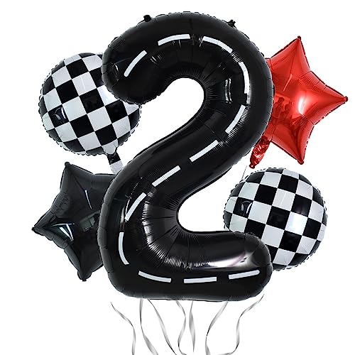 Image of TONIFUL 40 Inch Race Car 2nd Birthday Racetrack Number 2 Black Wheel Tire Black White Checkered Star Boys Car Themed Birthday Party Decor