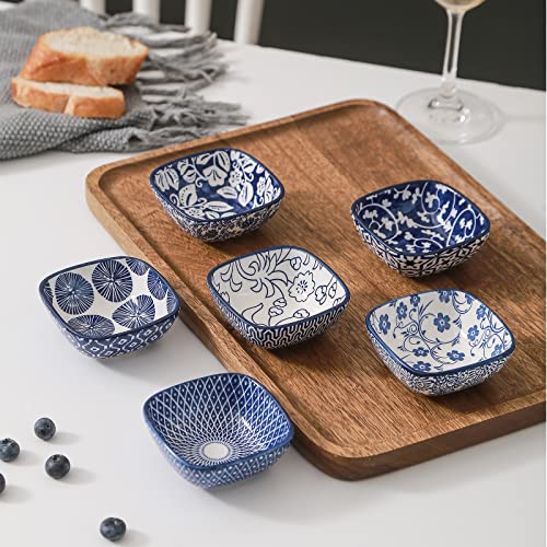 Selamica Ceramic 2.6 Oz Square Dipping Bowl Set, Soy Sauce Dish 3 Inch Small Bowls For Ketchup Condiments Side Dish Bbq, Ramekins Oven Safe, Stackable, Set Of 6, Vintage Blue #TOP6