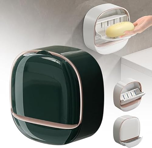 Porte-savon de luxe avec plateau de drainage, porte-savon étanche avec boîte de drainage, boîte à savon murale avec couvercle à rabat, éponge imperméable, porte-savon adhésif, porte-savon sans perçage