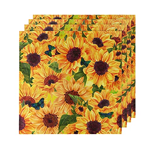 Sunflowers Cloth Napkins Set Of 4, Summer Flower Absorbent Cocktail Napkins Decorations Napkins Soft Beverage Napkins Disposable Dinner Napkins For Wedding Birthday Party Dinners, 20" X 20" Inch #TOP30