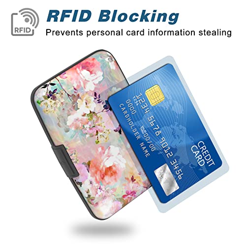 Image of Credit Card Holder, Mini Aluminum Card Wallet RFID Blocking Slim Metal Hard Card Case for Women Men, Pink Flowers