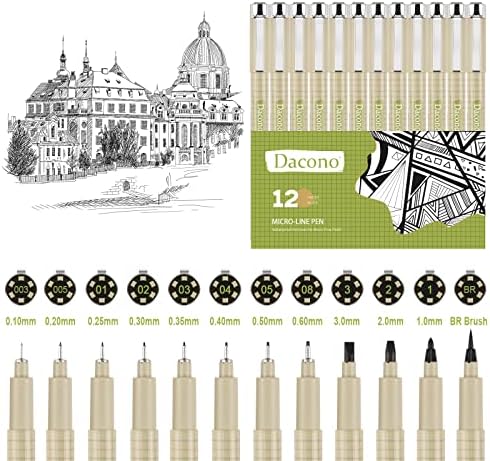 Dacono Drawing Pens, Set of 12 Micro-Pen Fineliner Ink Pens, Black Precision Multiliner Pens for Artist Illustration, Sketching, Calligraphy,Technical Drawing, Manga, Anime, Scrapbooking