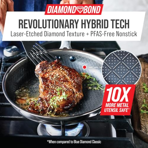 Image of Blue Diamond Hybrid 5pc Stainless Steel Nonstick Fry Pan Set with Two Lids | 8 inch, 10 inch, 12 inch Skillets with Glass Lids, PFAS-Free Ceramic Nonstick, Induction & All Cooktop Compatible, Dishwasher / Oven Safe