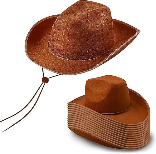Lot de 12 chapeaux de cowboy western avec cordon de serrage réglable, chapeau de cowgirl sobre, pour mariage, spectacle sur scène (marron)