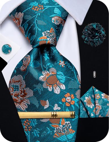 Image of YourTies Silk Paisley Floral Tie and Pocket Square Cufflinks with Lapel Pin Sets for Men 5PC Wedding Party
