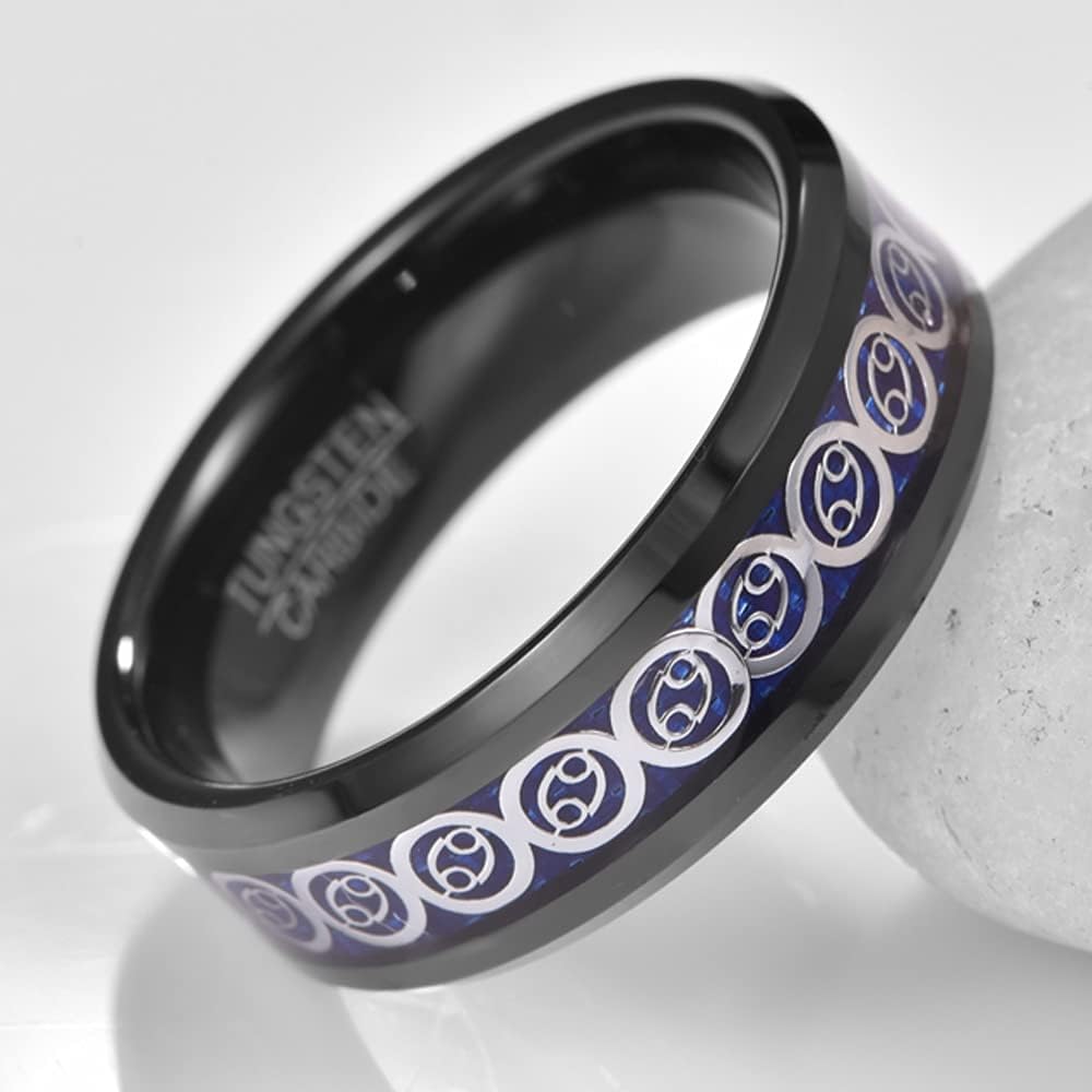 Men Horoscope Tungsten Ring with Blue Carbon Fiber Inlay Tungsten Carbide Wedding Band Polished Beveled Edges Comfort Fit Size 7-12 - Image 4