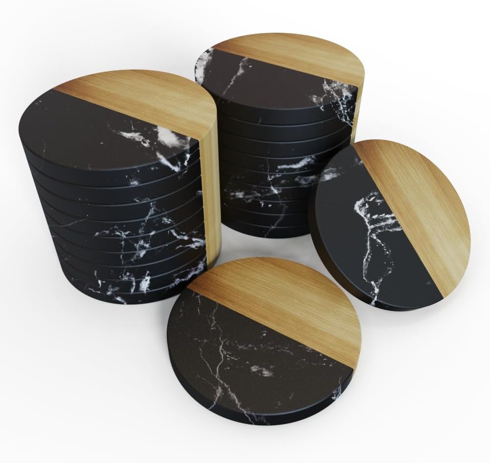 Marble Coasters Set (Round & Square), Real Marble + Acacia Wood Drink Coasters, Heat & Stain Resistant Black Coasters for Table Protection, Coffee Accessories, Table Decor (Square-10Pcs)