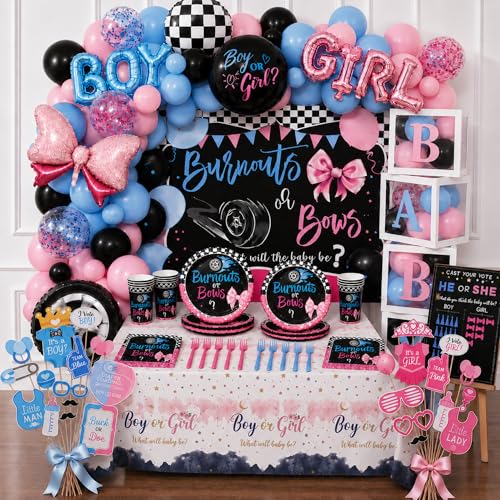 Burnouts or Bows Gender Reveal Decorations with Unique Baby Gender Reveal Ideas-330pcs Gender Reveal Balloon Arch Kit with Photo Props Voting Board Baby Boxes Backdrop Tablecloth Plates & Napkins