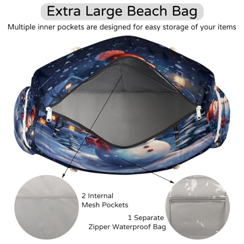 Large Beach Tote Bags for Women Snowman Winter Christmas Xmas Waterproof Sandproof Shoulder Bags Swim Pool Purse with Zipper Beach Vacation Essentials for Summer Swim Pool Travel Gifts 5