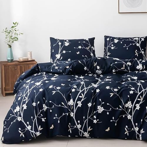 Lekesky King Size Duvet Cover Sets Blue, Floral Bedding Sets Soft Microfiber