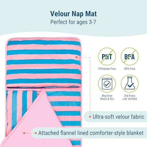 Image of Wildkin Kids Velour Nap Mat for Girls - Soft & Cozy Toddler Sleep Mat with Built-in Blanket for Daycare, Preschool, Kindergarten & Travel, Ages 3-7, Machine Washable - Pink Stripes