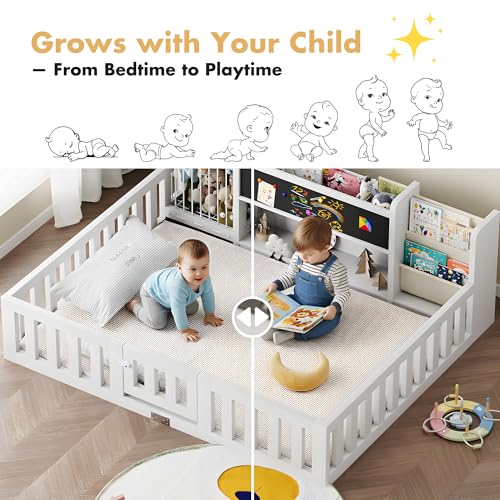 Montessori Wood Toddler Floor Bed with Blackboard & Bookshelf (White Full) - image 5