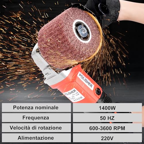HYCHIKA 1400W Levigatrice Spazzolatrice per Legno, Ferro, Metallo, Acciaio Inossidabile, Ø120mm Levigatrice a Rullo, 8 Velocidades Variables, 600-3600RPM, Adatto per il Rinnovamento Delle Superfici