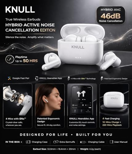 Image of KNULL Premium Wireless Earbuds, White, Active Noise Cancellation, Crystal Clear Sound, with Charging Case