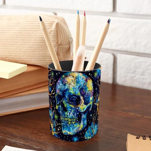 Pot à crayons métal avec crâne et plantes, cadeau original de bureau