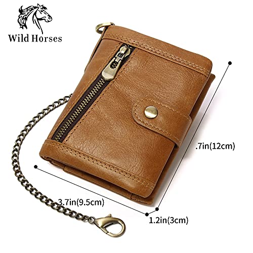 Leather Men Wallet with Anti-Theft Chain,Genuine Leather RFID Bifold Wallets Multifunctional Card Holder Minimalist Purse Zipper Coin Pocket with ID Window (Brown)4