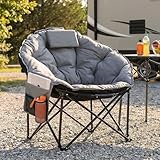 LIFERUN Moonchair Luxus 150KG, Campingsessel rund Dick Gepolstert, Campingstuhl Faltbar, Outdoor Stuhl mit Lagerungstasche, AntiRutsch-Füße, Kopfstütze, Seitentasche, für Garten,Angeln,Strand, Grau