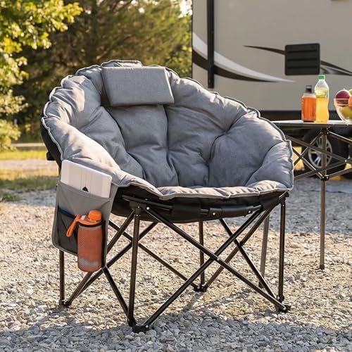 LIFERUN Moonchair Luxus 150KG Campingsessel rund Dick Gepolstert Campingstuhl Faltbar Outdoor Stuhl mit Lagerungstasche AntiRutsch-Füße Kopfstütze Seitentasche für Garten Angeln Strand Grau
