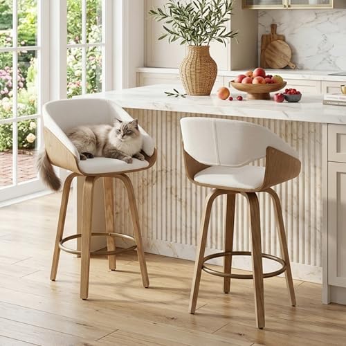 Image of 26'' Modern Barrel Swivel Counter Stools Counter Height Swivel Bar Stools with Backs Set of 2, White Linen Upholstered Bar Height stools, Farmhouse Solid Wood Barstools for Kitchen Island, Home Bar