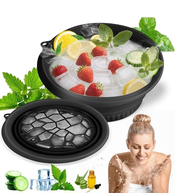 Face Bowl for Ice with Built-in Ice Tray | Portable Foldable Silicone Ice Facial Bowl for Skin Tightening & Pore Minimizing | Cold Therapy Face Ice Bath Bowl for Home Spa Skincare (Black)-image-44