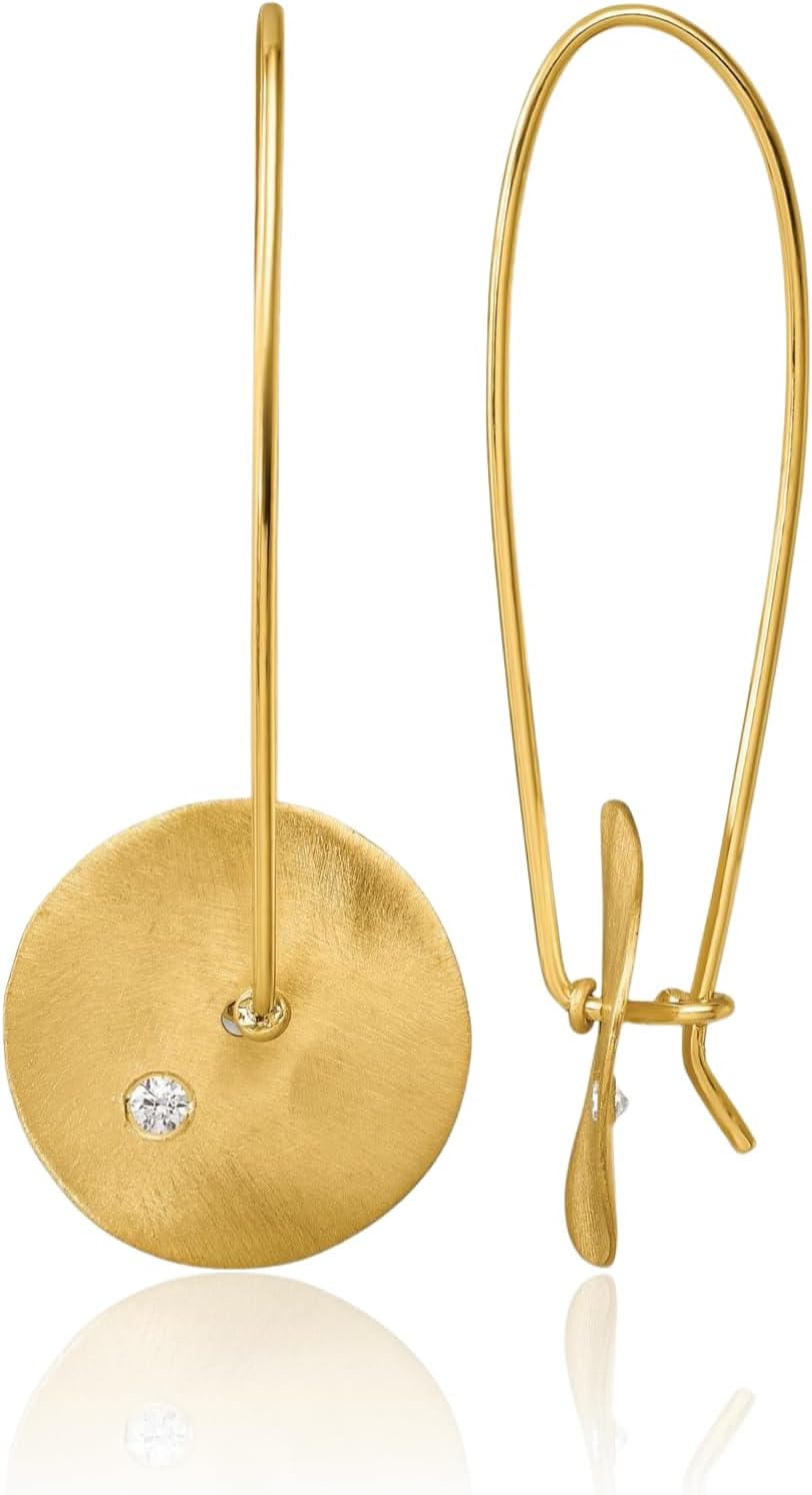 IceCarats 14K Solid Yellow Gold 0.08 carat Diamond Long Disc Threader Dangle Earrings 43.6mm 1 3/4 inch Round Cut, Natural, Prong Set, Satin For Her