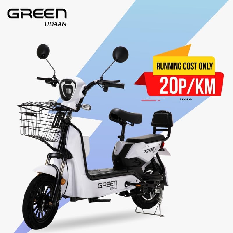 Image of Green Udaan Low Speed Electric Scooter Non RTO 80KM Range Lithium Battery with Portable Charger (White)