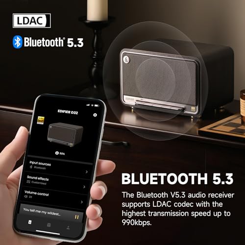 Image of Edifier D32 Tabletop Wireless Speaker, Hi-Res Audio Bluetooth Speaker, Portable Retro Combo Speaker, 60 Watts RMS, Bluetooth 5.3, 11-Hour Playtime, Black
