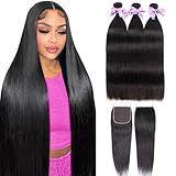 Straight Bundles Human Hair with Closure 26 28 30+20 Inch 12A Human Hair Bundles with 4×4 Closure Brazilian Virgin Hair Extensions Natural Color