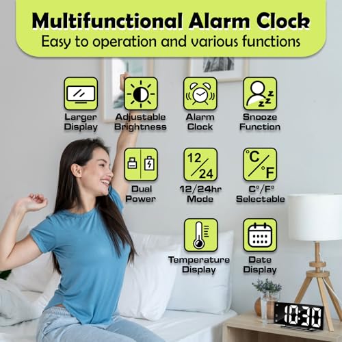 Image of LED Digital Alarm Clock for Bedroom, Plug in Clocks with Dual Alarm /Snooze /Temperature Waterproof 3 Brightness Level, Big Numbers Display and Battery Backup for Desk, Table, Office, Black