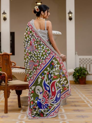 Image of SIRIL Women's Printed Ready to Wear Mul Cotton Saree With Unstitched Blouse Piece