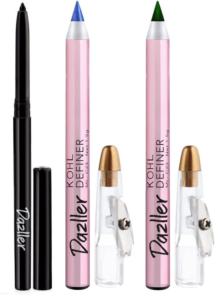 Dazller Kajal Essentials A: Kreamy Kajal, 0.35g (Black) + Kohl Definer, 1.5g (Blue & Green) - Smudge-proof, Easy Blending, Long Stay, Earthen Pigments, Castor oil & Natural Waxes.
